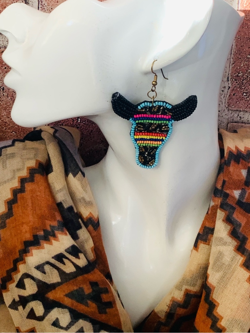 Beaded Bull Skull Dangle Earrings - Black & Multicolor - Picture 2 of 5